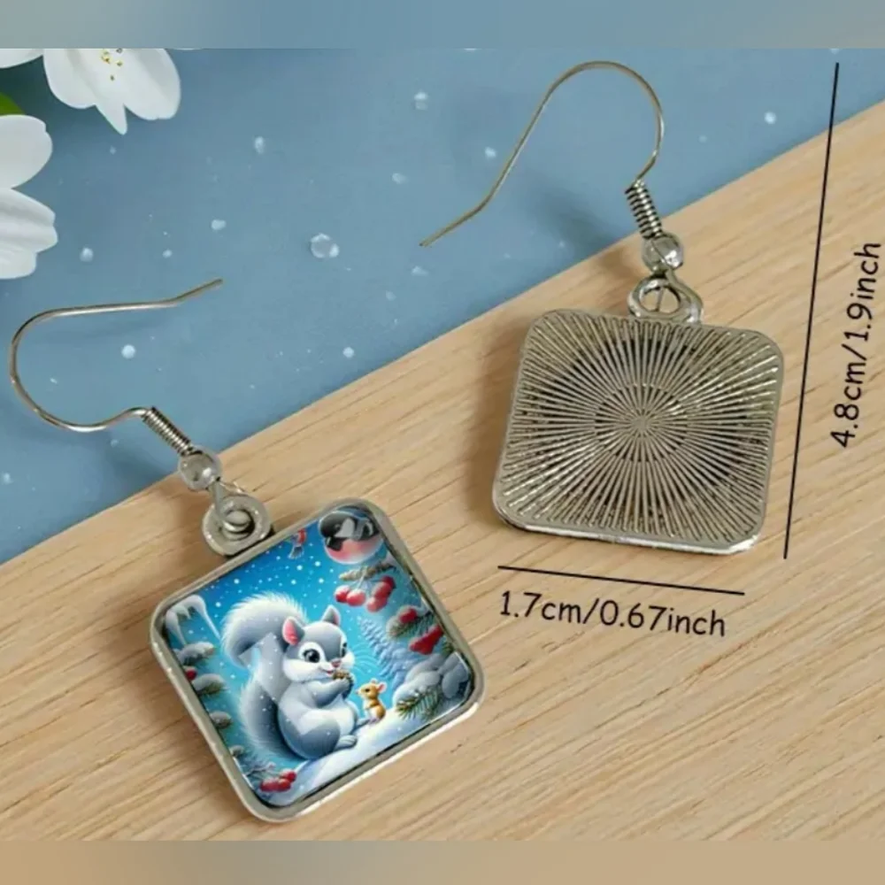 Winter christmas Gift earrings Holiday square‎ Squirrel Mouse animal print